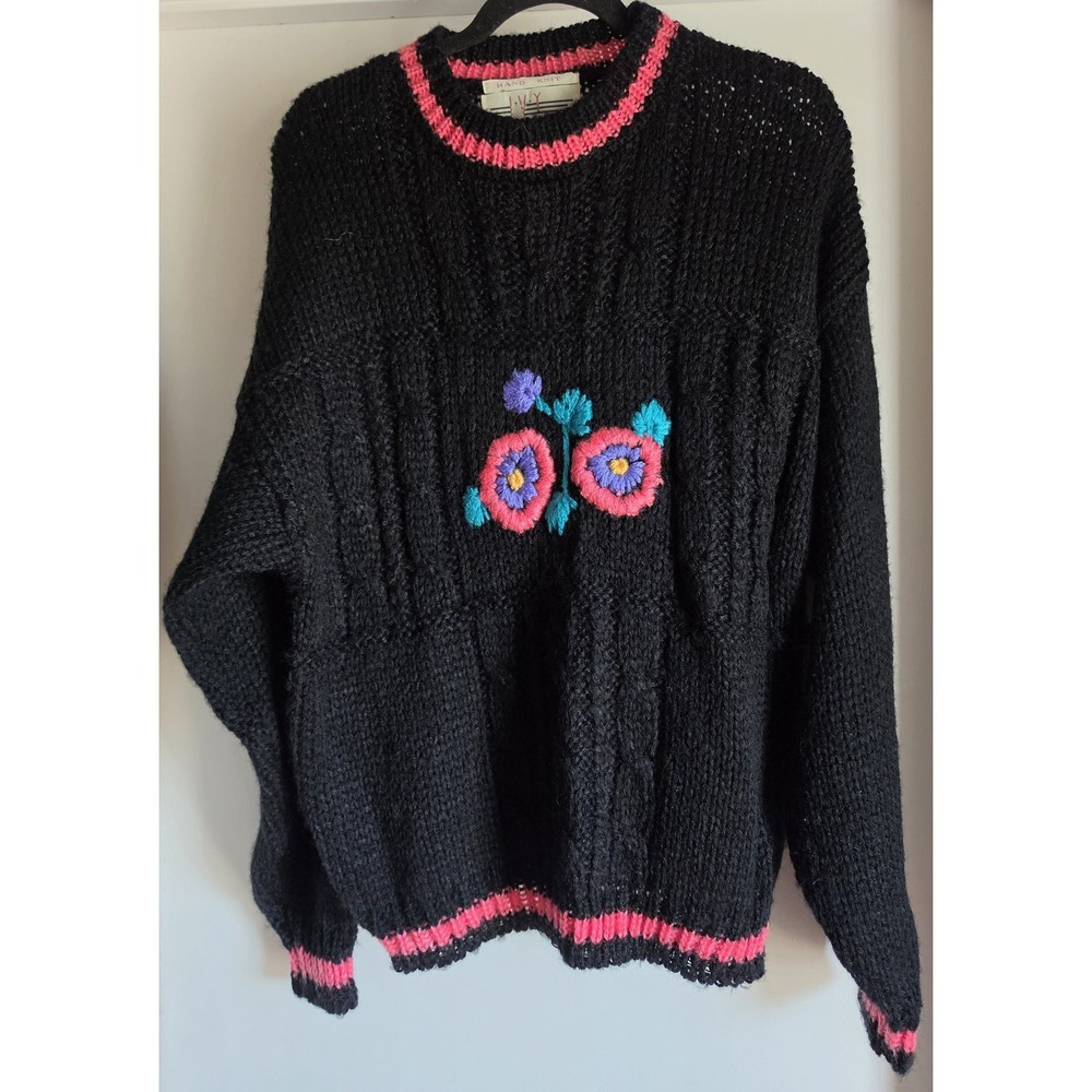 Ivy Women L Floral Crew Neck Sweater Black Pink Long Sleeve Pullover Vintage